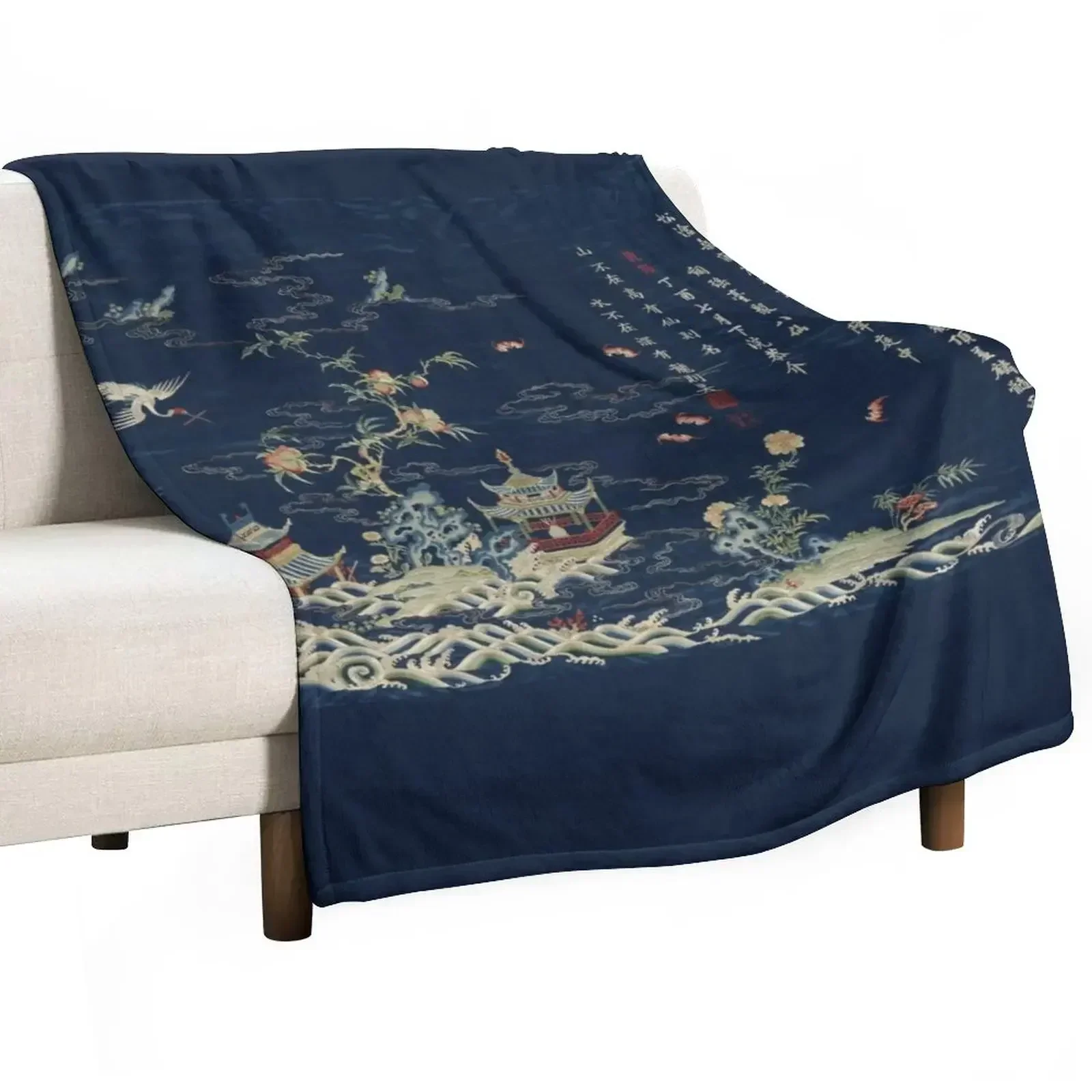 Panel with cranes over an immortal land embroidery Throw Blanket Custom Luxury St halloween Blankets