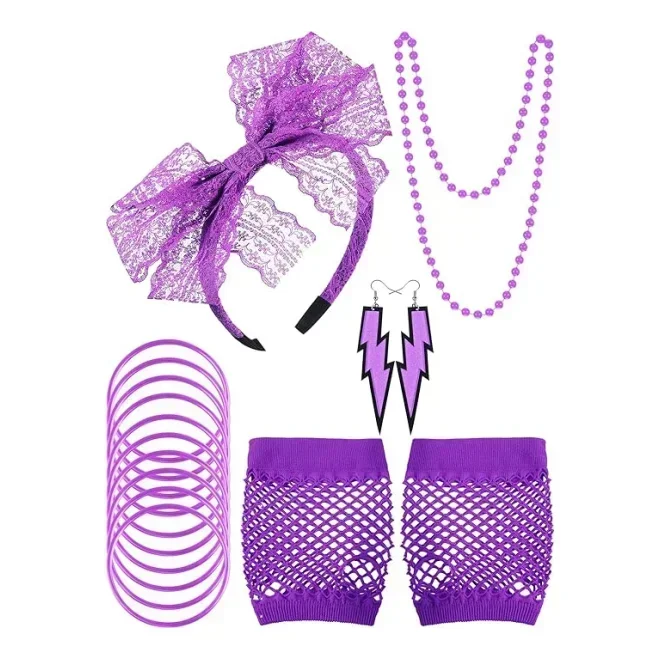 Adulto 80s festa traje conjunto 80s fantasia vestido acessórios feminino tutu saia neon fishnet luvas frisado colar pulseira brincos