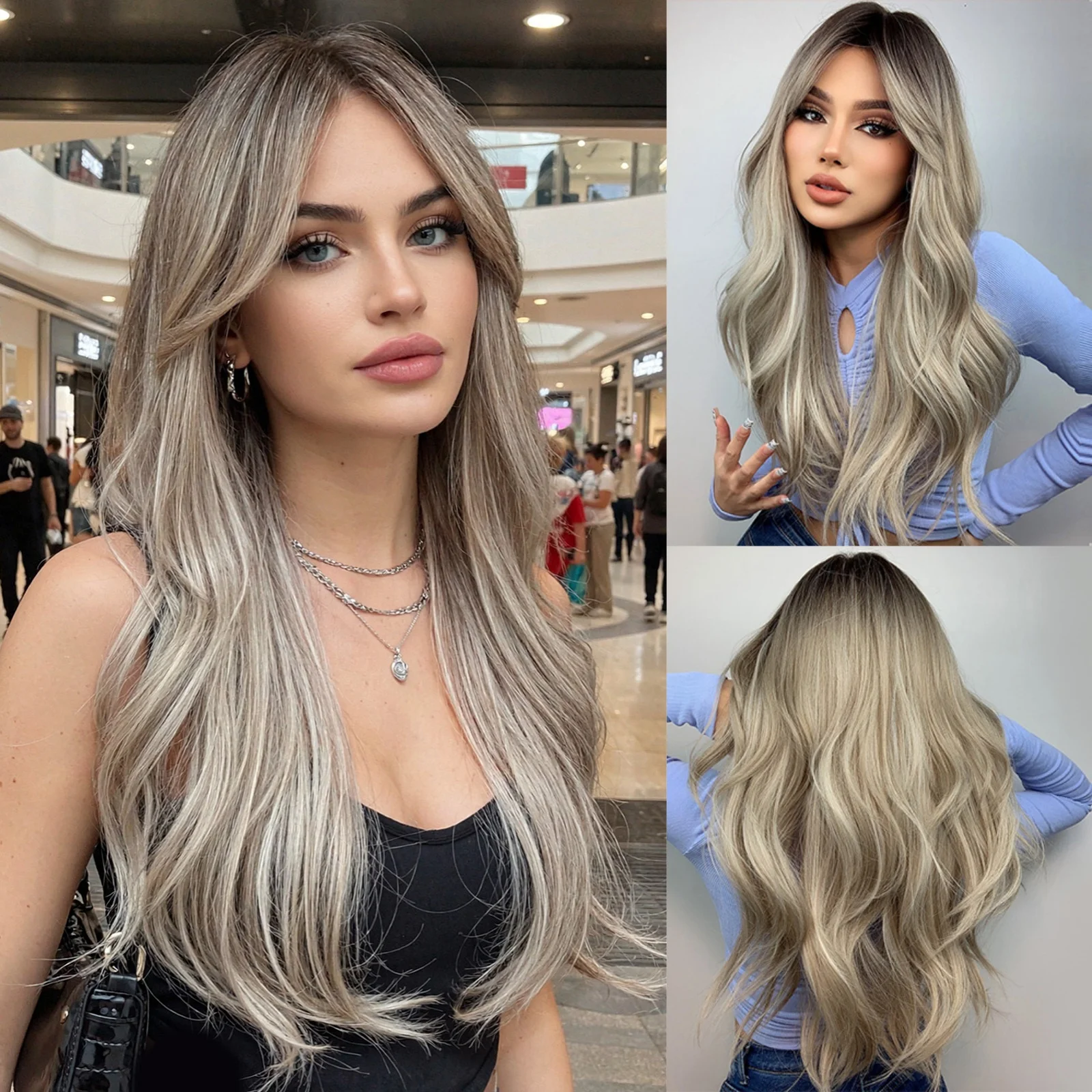 Long Wavy Ombre Blonde Wig Without Bangs