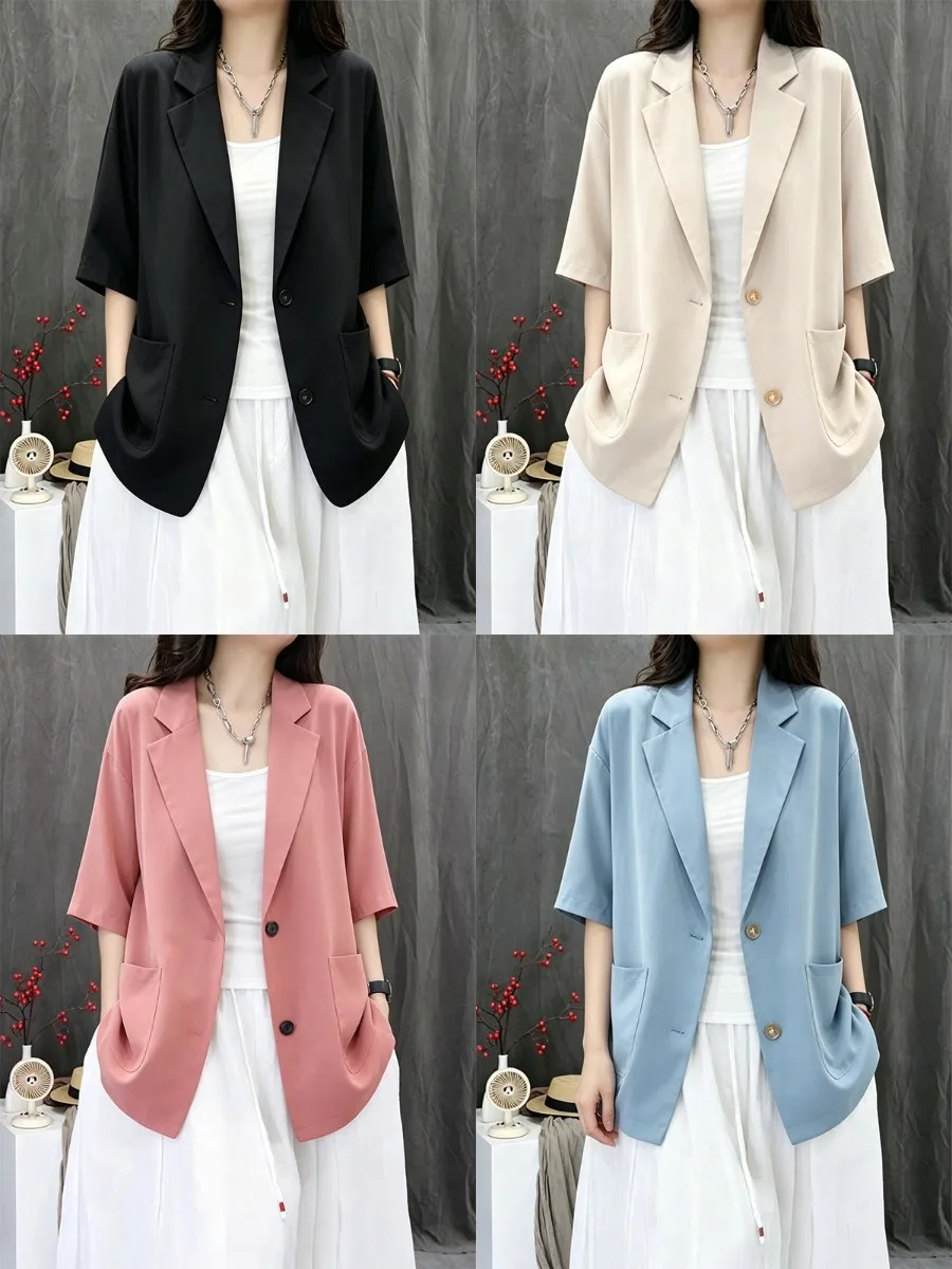 Casual Cotton Linen Women's Short Sleeve Suit Jacket Artistic Large Size Fashion Black White Linen Casual Leisure Top