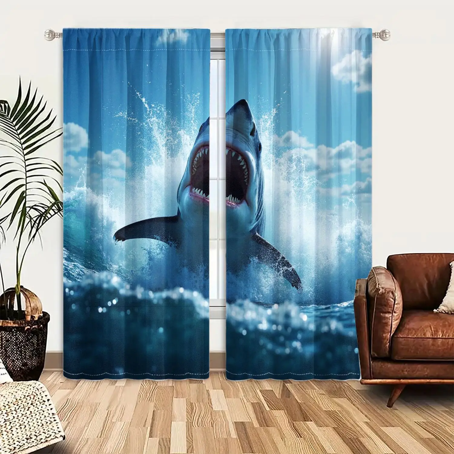2pcs Shark Curtains Jumping Ocean Wave Print Drape Boys Room Game Room Window Treatment Marine Life Home Decor Panels