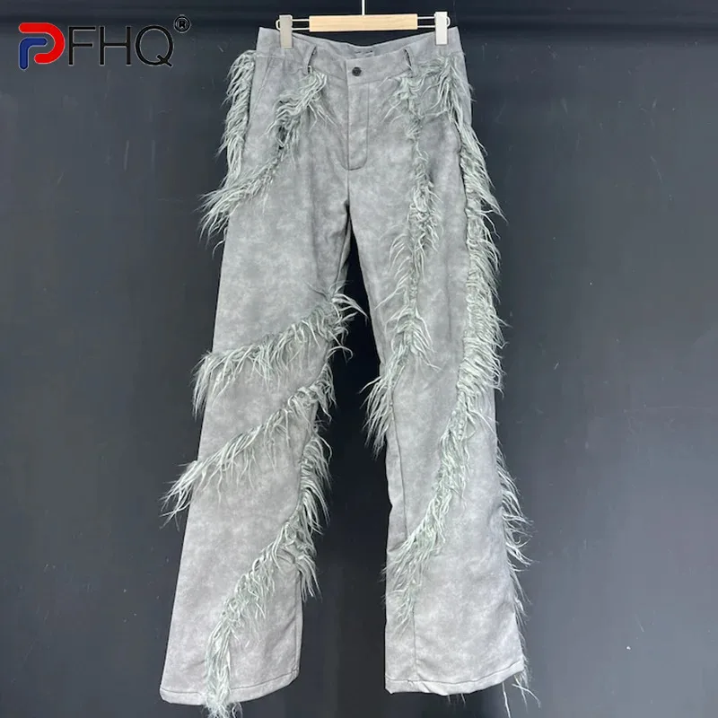 

PFHQ Flared Pants Loose Fitting PU Plush Paneled Men's Niche Design Baggy Handsome Heavy Industry Male Trousers Spring 21Z4265