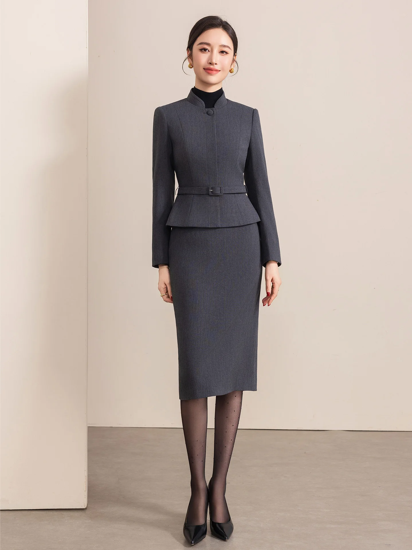 

Костюм-двойка Ele ey: юбка и пиджак с завышенной талией для женщин, профессиональный деловой комплект для офиса, из поликарбоната