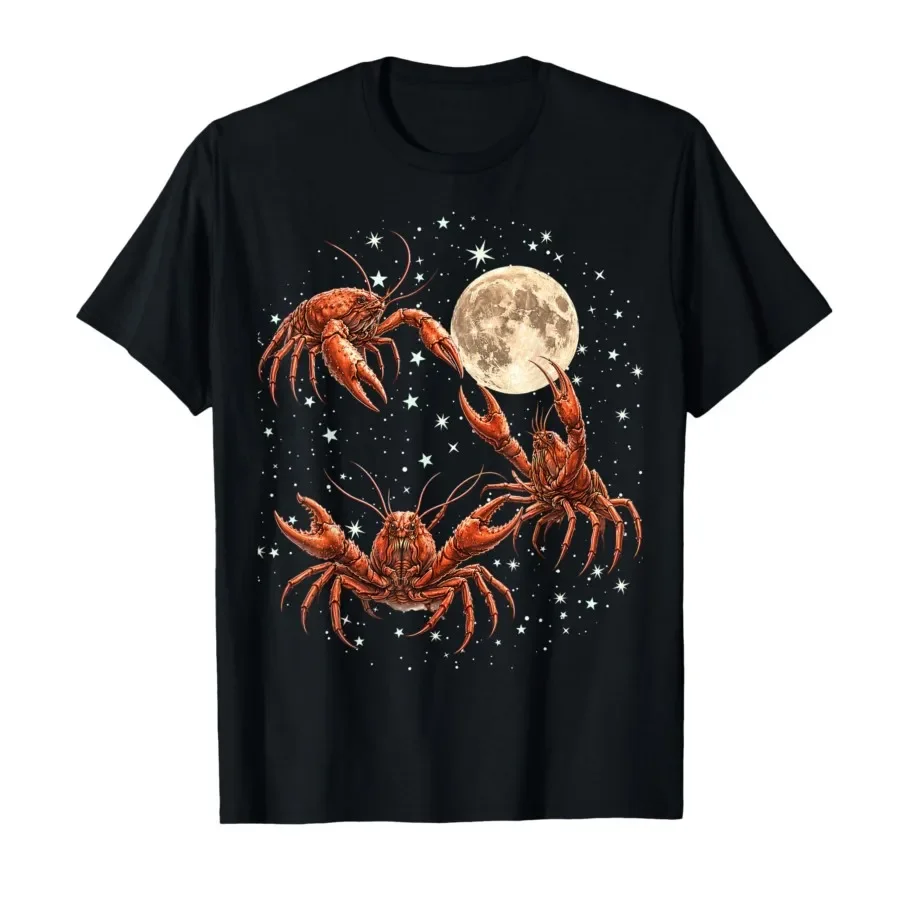 

Three Crawfish Moon Retro Southern Galaxy Space Animal T-shirt For Men Women 100% Cotton T Shirts Short Sleeve Tops 0424-3
