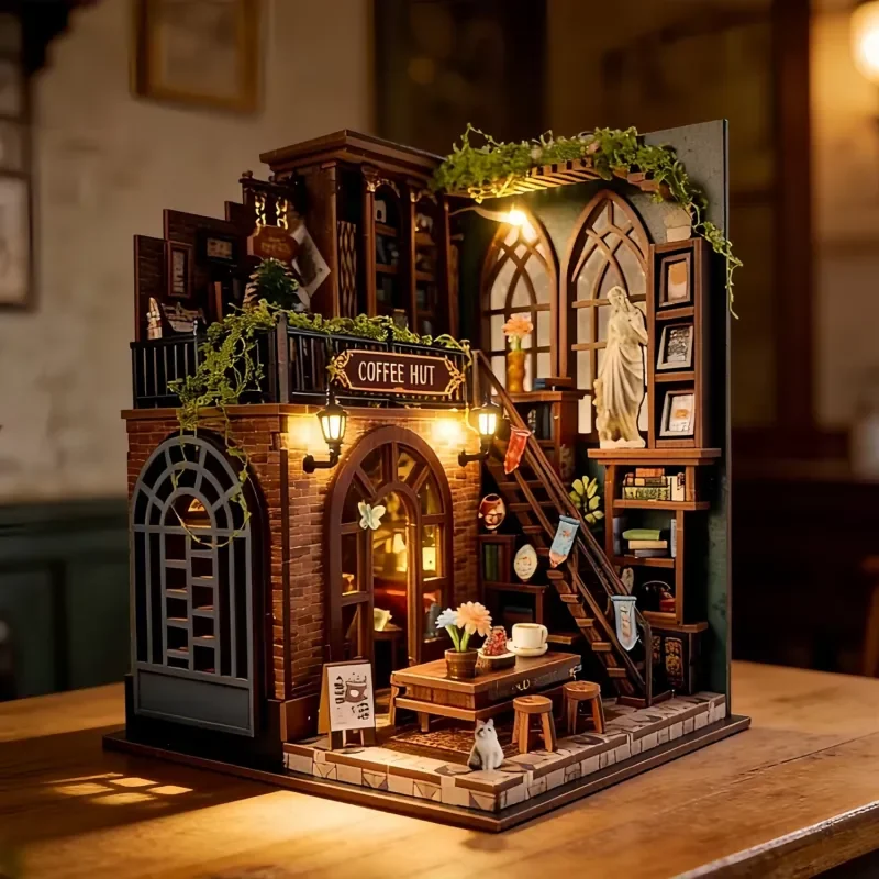 DIY Wooden Coffee Bookstore Cottage Figurines Miniature Dollhouse Model Kits Mini Casa Jigsaw Puzzle for Friends Birthday