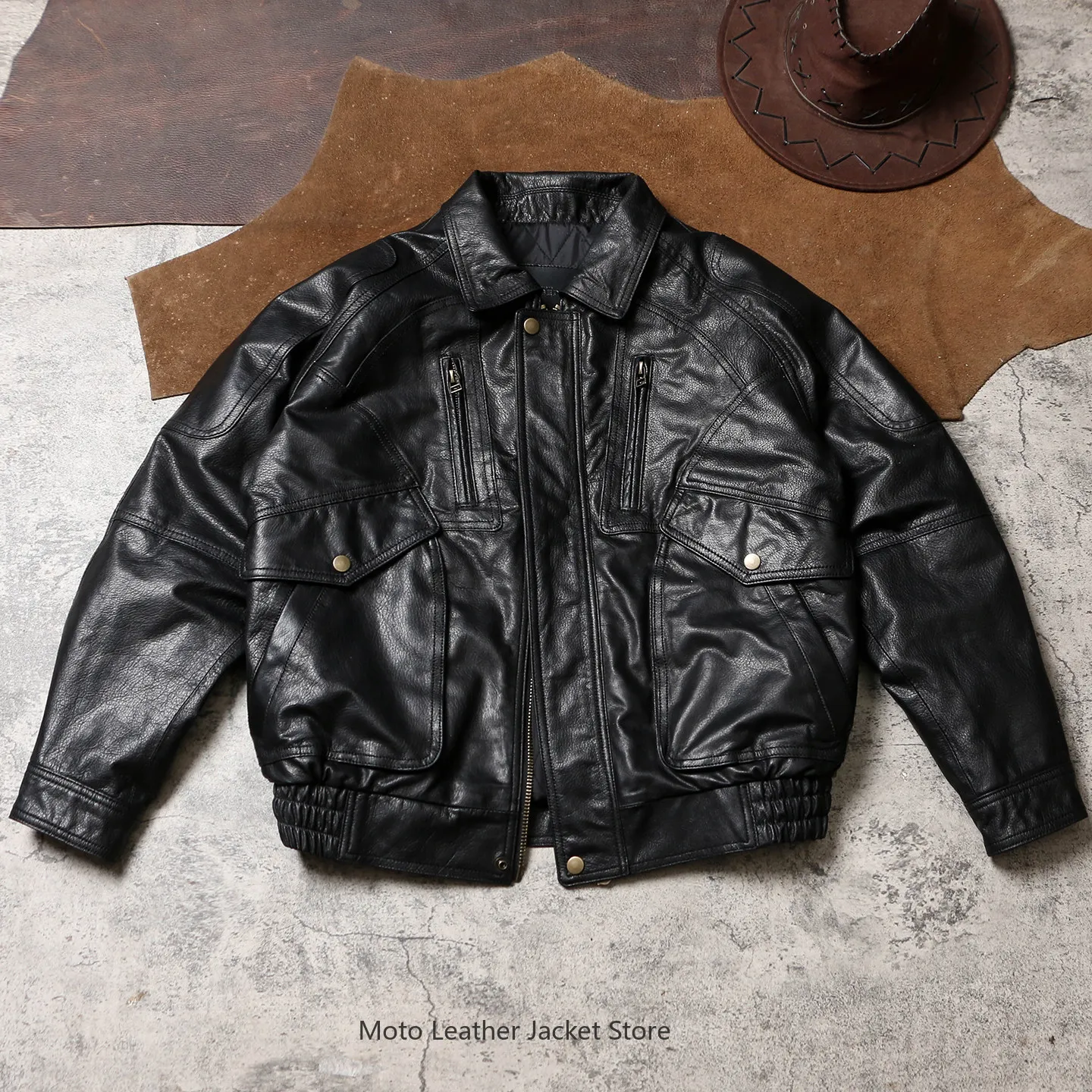 Men's Autumn Winter Warm Hong Kong Style Vintage Dad Leather Jacket Quilted Goatskin Loose Short Oversized Genuine Leather Coat