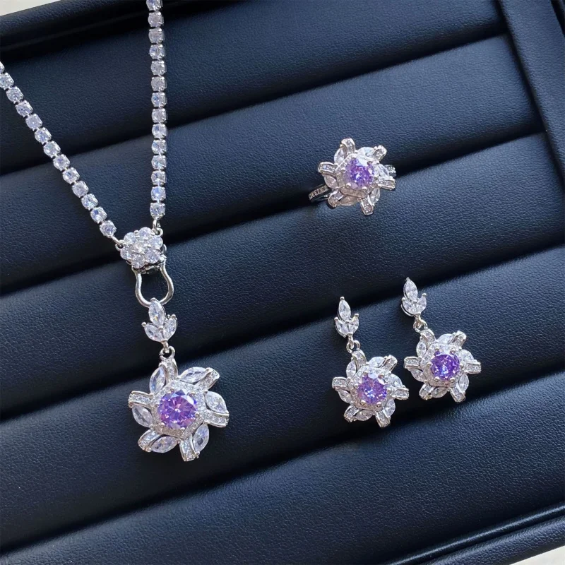 

Lavender Purple Zircon Full Diamond Luxury 1 Carat Open Ring Female Temperament Pendant Earrings Set