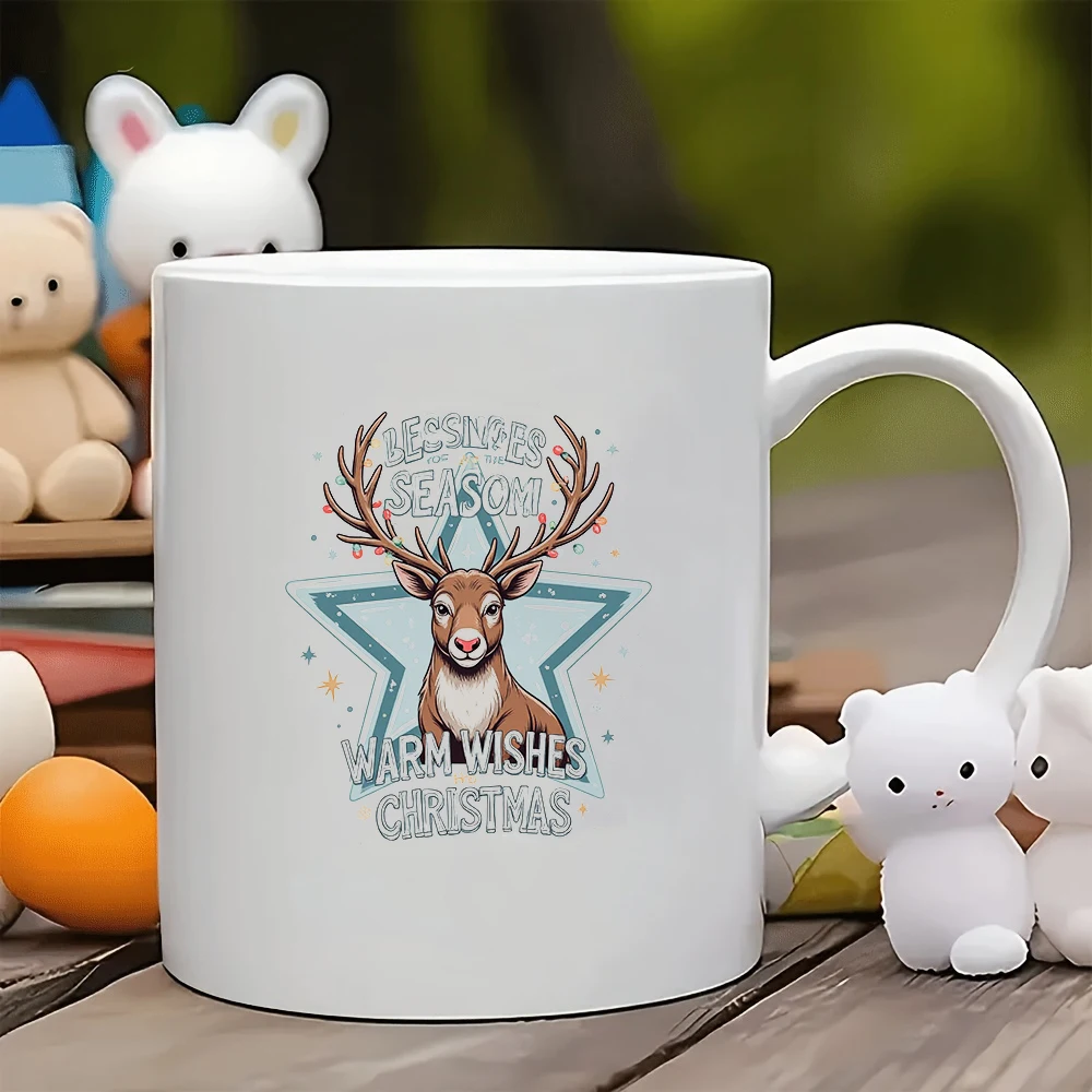 

11oz Cartoon Reindeer Christmas Sticker Mug + Holiday Greetings Christmas Gift for Kids Family Office Coffee Cup