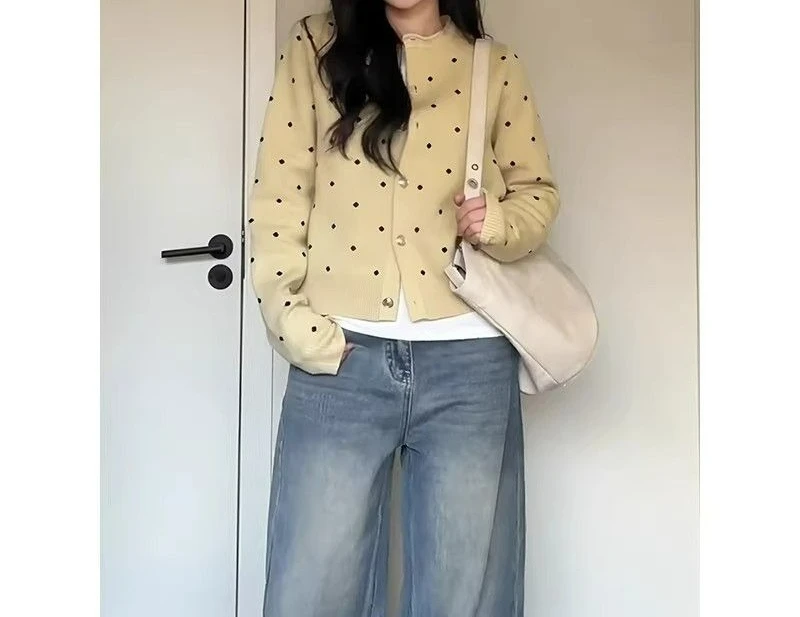 

Polka Dot Knitted Cardigan Women's Autumn and Winter Lazy Crew Neck Sweater Jacket Casual Versatile College Style Top