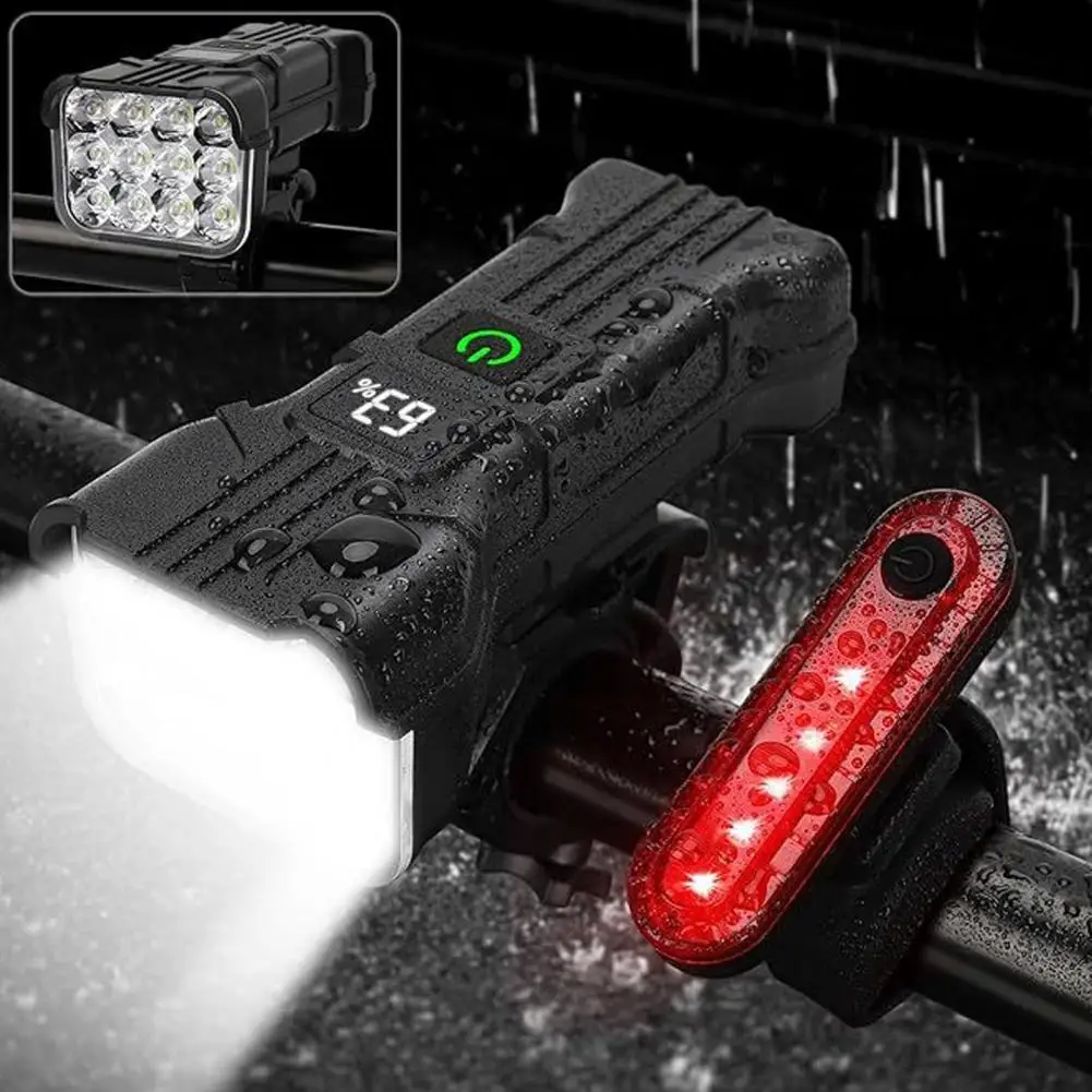 Bike Headlight Usb Rechargeable Light Set with Power Display Super Bright Headlight Tail Lamp for Night