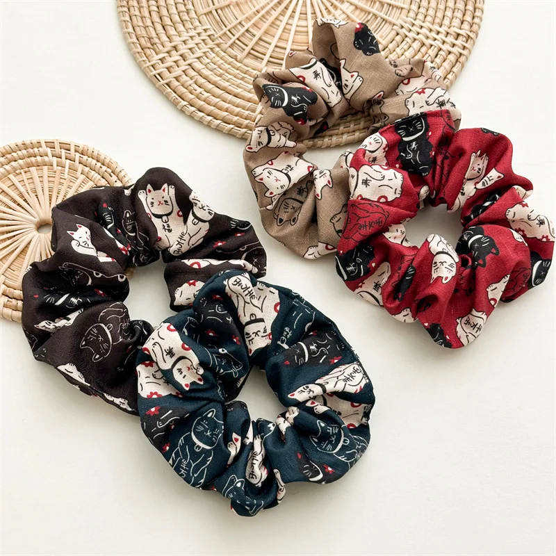 New Fashion Cute Cat Scrunchies For Women Chinese Style Lovely Kitten Scrunches  High Quality Elastic Hair Bands Girls