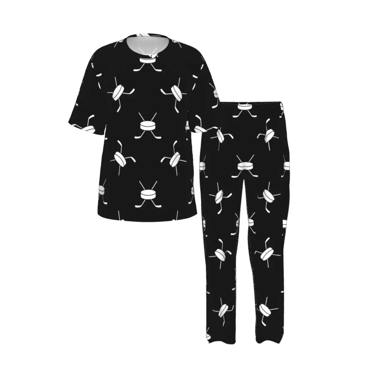 Men Pajamas Set Hockey Stick And Puck Pattern Short Sleeve Spring Summer Lounge Sleepwear Male Nightwear