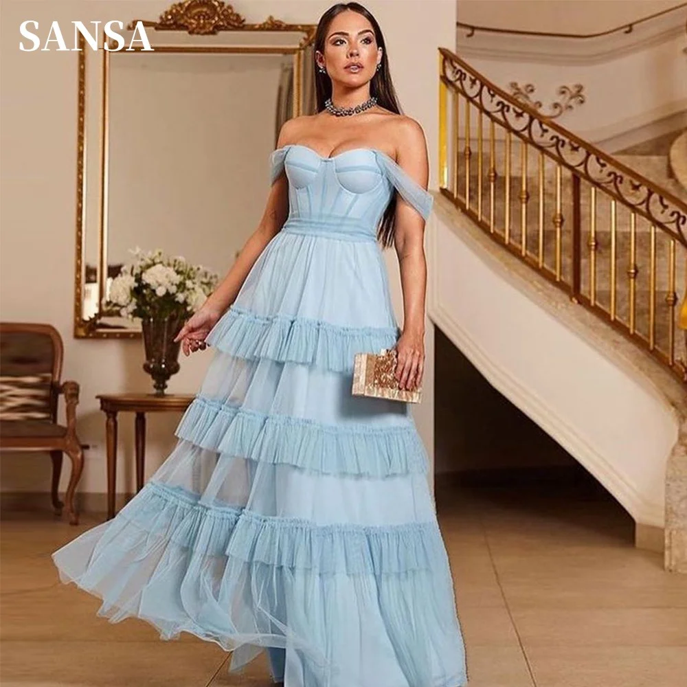 

Sansa Light Blue Multilayer Prom Dress Sexy Off Shoulder Tulle Vestidos De Noche Glamorous Sweetheart فساتين سهره فاخره 2023