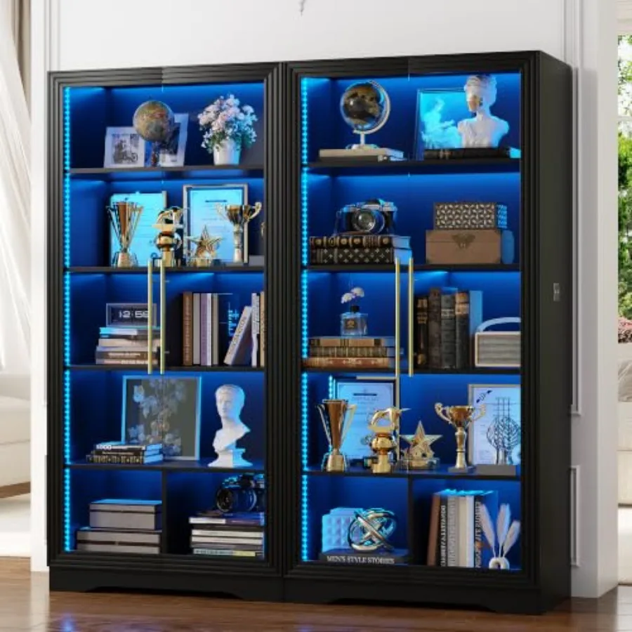 Bookcase with Glass Doors and LED Light for Home Office: MDF Wood in White with Adjustable Shelves and Soft-Close Mechanism view 3