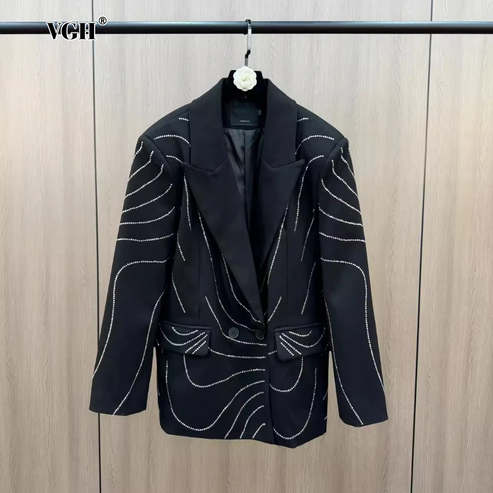 

VGH Fashionable Spliced Sequins Blazers For Women Notched Collar Long Sleeve Patchwork Double Breasted Office Coats Female New