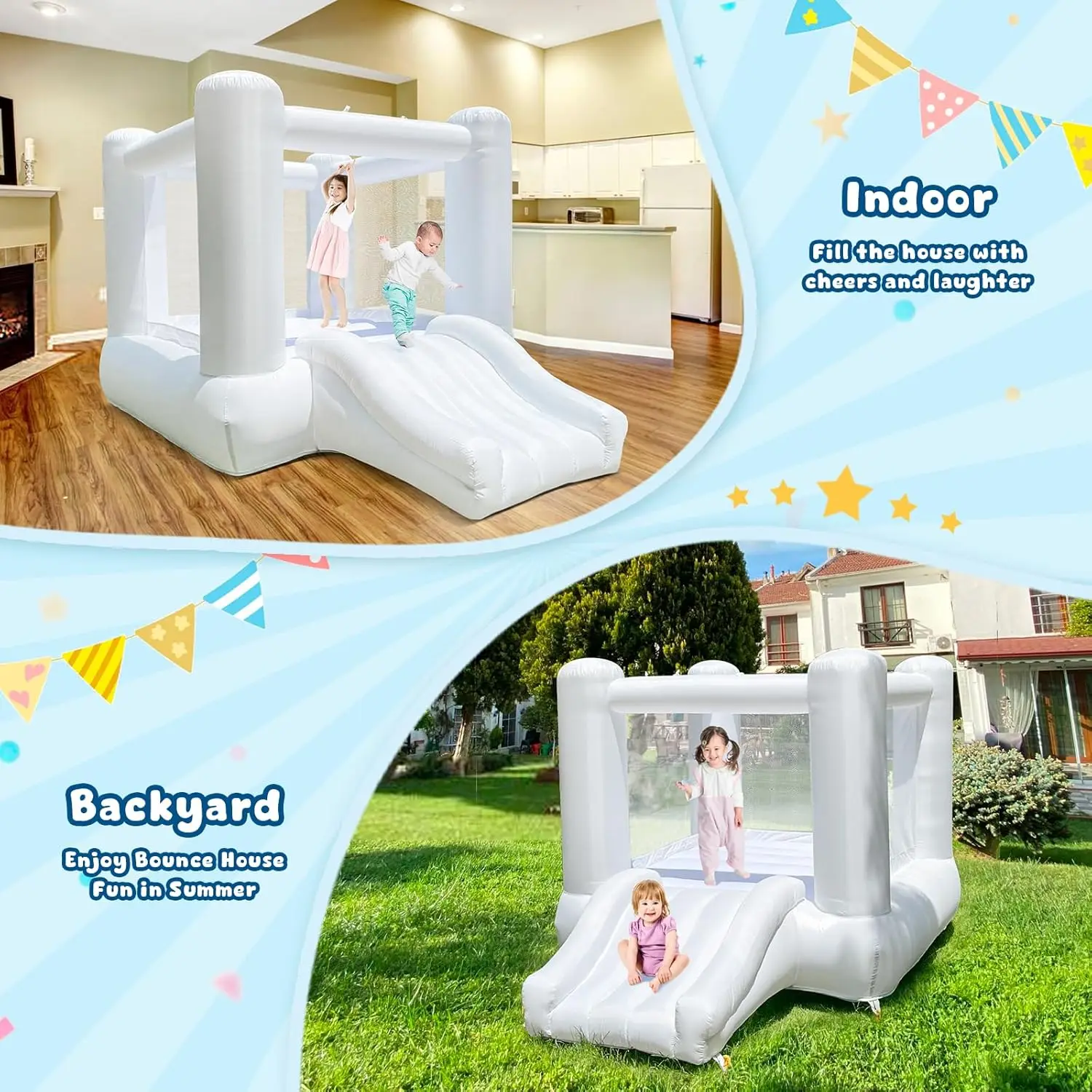 Maison gonflable blanche de rebond à dessus plat de 9x7x6 pieds pour fête des tout-petits avec château gonflable Oxford coulissant comprenant un souffleur (sans bâche)