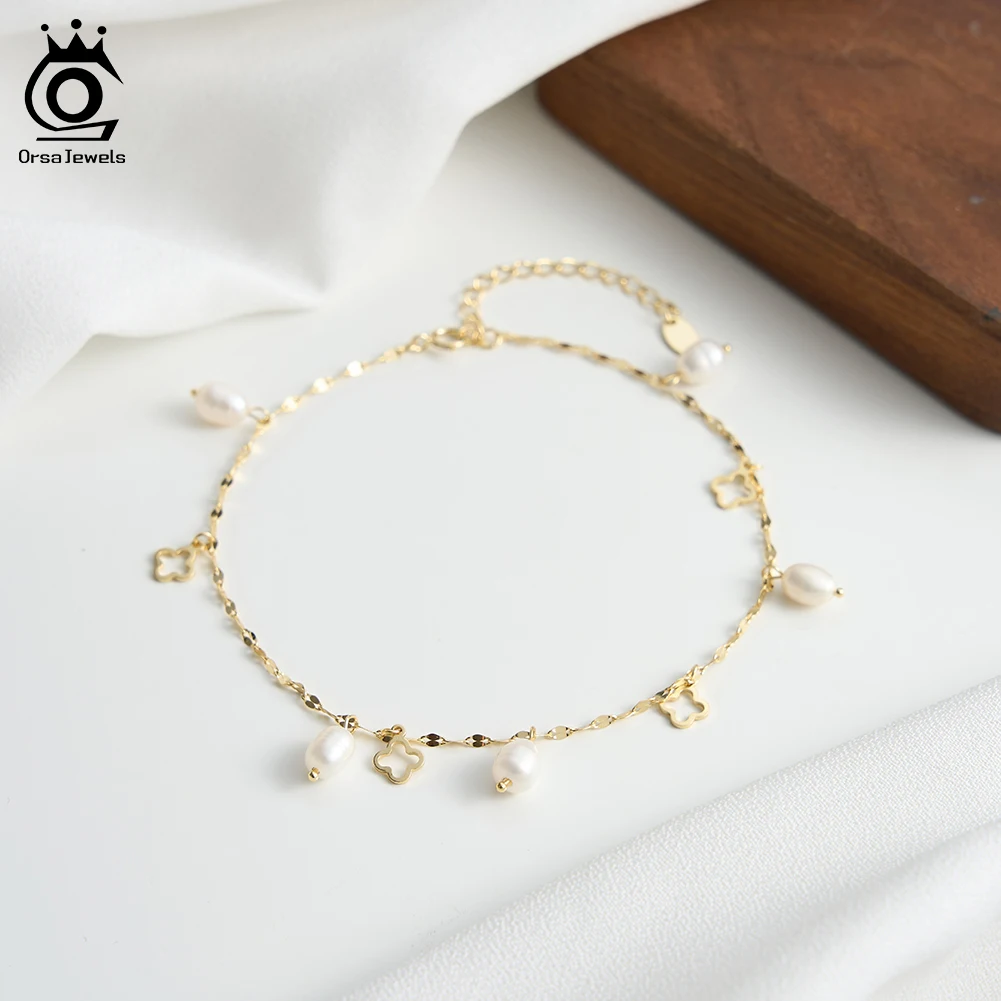 

ORSA JEWELS Elegant 925 Sterling Silver Clover Chain Anklets with Pearls for Women Summer Fashion Ankle Bracelets Jewelry SA105