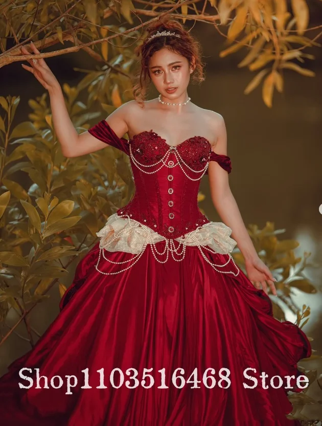Vestidos de baile personalizados vintage vermelho espartilho banho morcego ocasião vestido babados pérola borlas vitoriano inchado bainha sem mangas baile