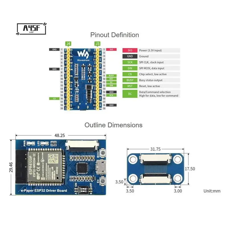 

A45F-Waveshare Универсальная плата драйвера электронной бумаги с Wi-Fi Bluetooth Soc ESP32 Встроенная поддержка различных панелей SPI E-Paper Raw