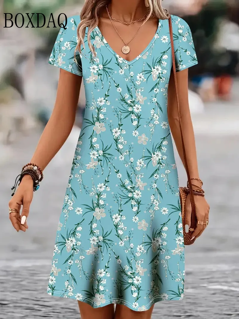 Vintage Boho Floral Print Women Dress 2025 Summer Casual V Neck Short Sleeve A Line Midi Dresses Beach Vacation Sundress Vestido