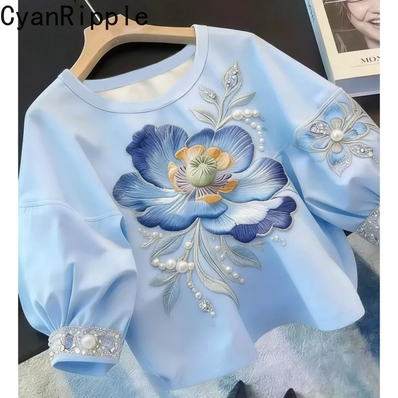 2026 New Summer Blue Casual Women Blouses Beading Flowers Elegant Round Neck Pullover Top Loose Lantern Sleeve Female T-shirt