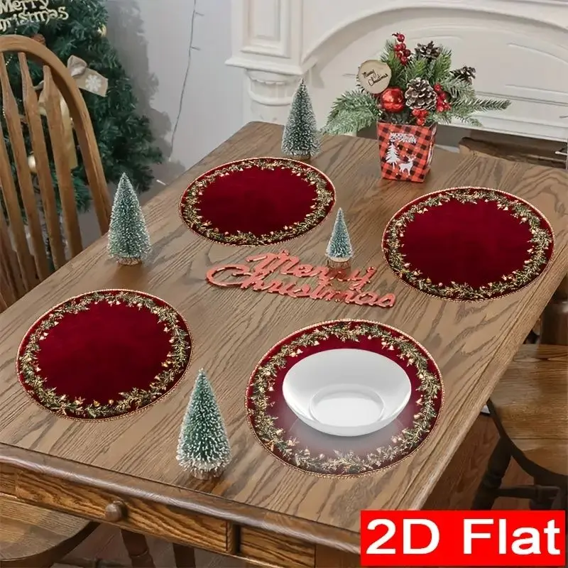 VIKAMA 2/4/6Pcs Round Christmas Placemats Burgundy Gold Holly Border Washable Heat‑Resistant Table Mats Dining Home Decor view 3