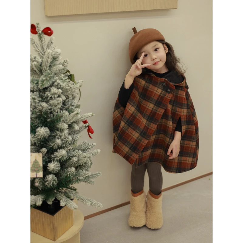 

Winter New Girls' Plaid Cloak Double-sided Wool Cloth Cloak Cute Pointed Hat Cloak Warm Christmas New Years Jacket