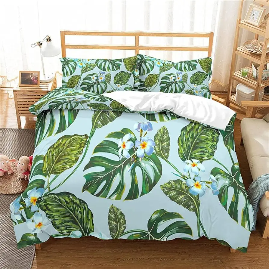 Tropical Palm Leaves Duvet Cover Full King Size Hawaiian Plant Leaf Comforter Cover Jungle Botanical Monstera Leaves Bedding Set