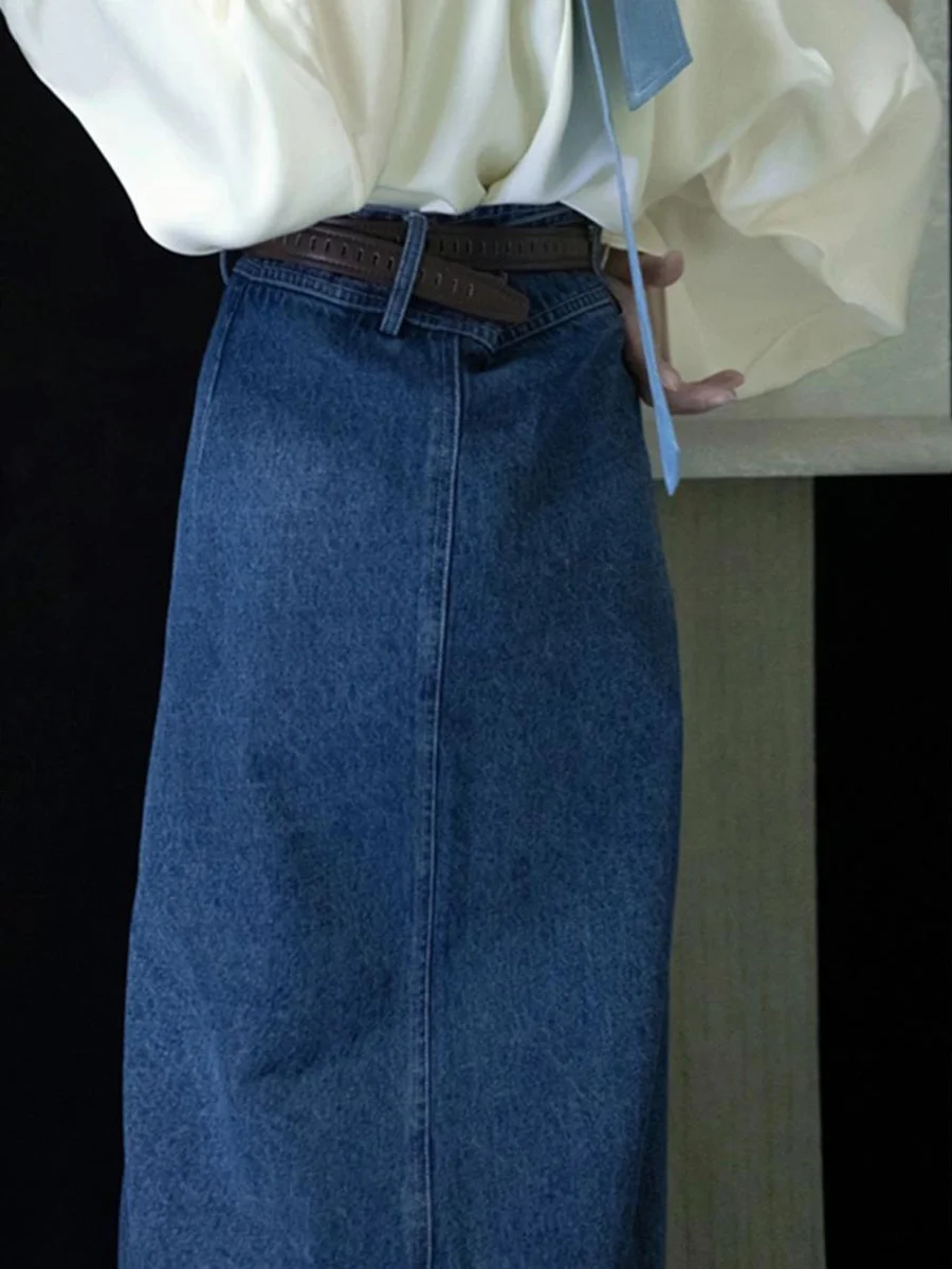 กระโปรงยีนส์เอวสูงสไตล์วินเทจแบบจีนใหม่ กระโปรงยาวปานกลางสำหรับผู้หญิง คอลเลคชั่นฤดูใบไม้ร่วง วิดีโอพิเศษ กระโปรงดีไซน์โดดเด่นไม่ซ้ำใคร