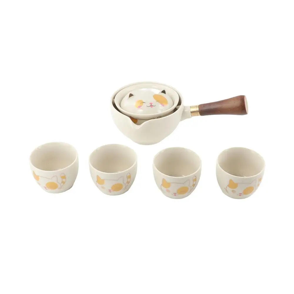 

5/7pcs 360° Rotating Lucky Cat Teapot Set Japanese Style Ceramic Kung Fu Tea Pot Set with Bag and Tea Tray Bubble Tea Set Gift