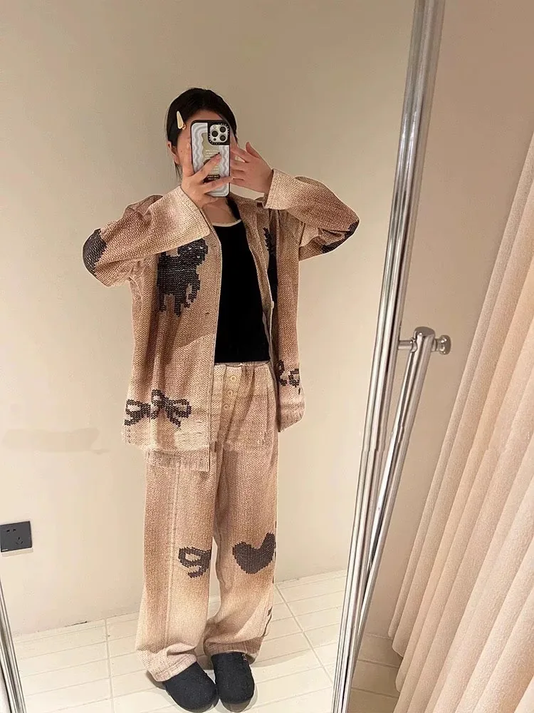 OPEN YY Casual Pants 2025 Fashion Cat Cat Dog Bowknot Pattern Button Lapel Set Loose Casual Cardigan Jacket