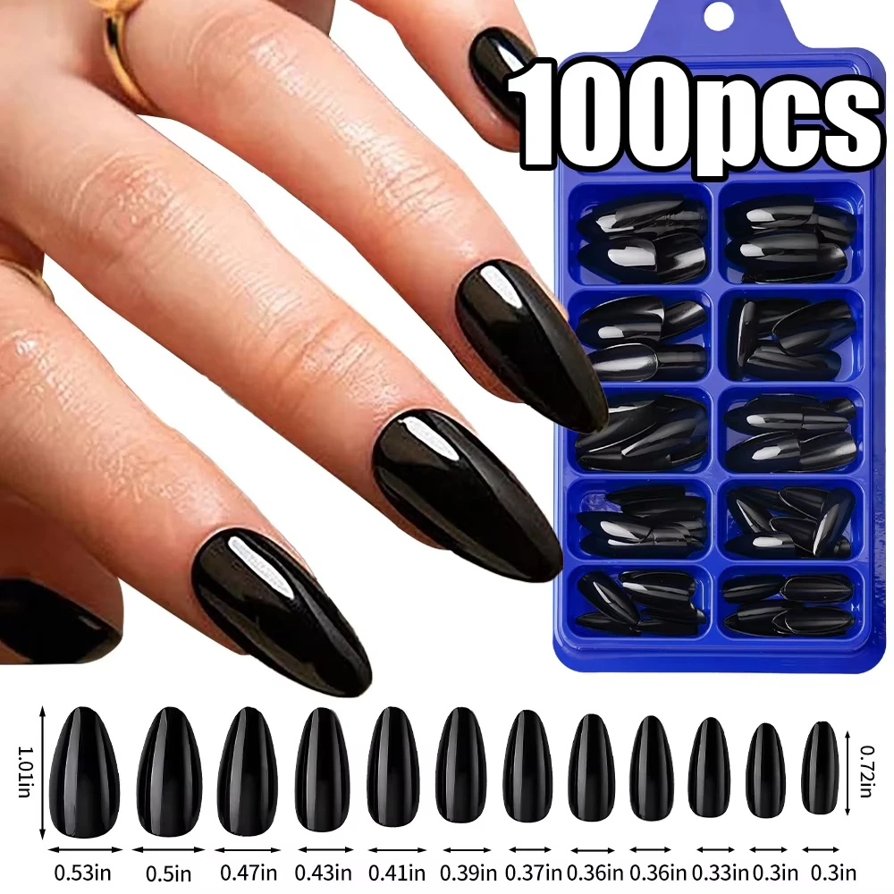 100Pcs Handmade Press on Nails Black French AlmondSolid ColorMid-length Artificial Fake Nail Sexy Cute Manicure Nail For Women