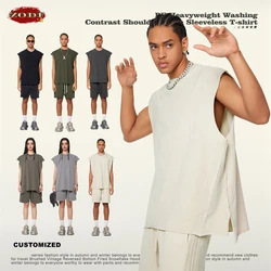ZODF Vintage 2024 Washed 270gsm Cotton Tank Tops For Men Unisex Summer Relax Fit Slit Sleeveless Vest Streetwears HY0777