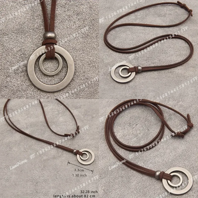 1pc Retro Simple Double Ring Alloy Pendant Necklace Adjustable Flannel Rope Long Short Necklace for Men