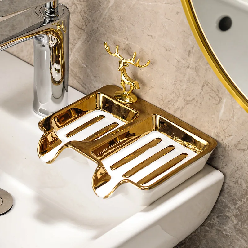 Bathroom Amenities Soap Box Golden Deer Creative Perforation-Free Drain Wall-mounted Soap Box Bathroom Soap Dish Storage Rack