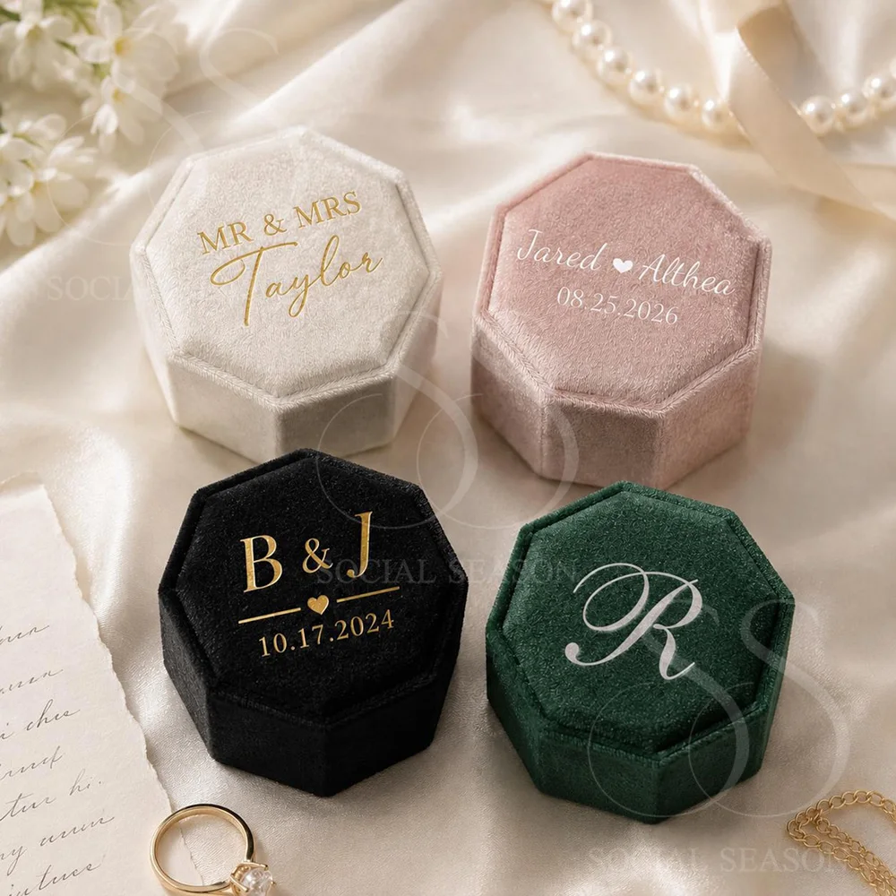 Ehering-Box, personalisierte achteckige Ringbox aus Samt mit zwei Fächern, Verlobungsring-Box, individuelle Initialen von Braut und Bräutigam, Datum, Hochzeitsgeschenke
