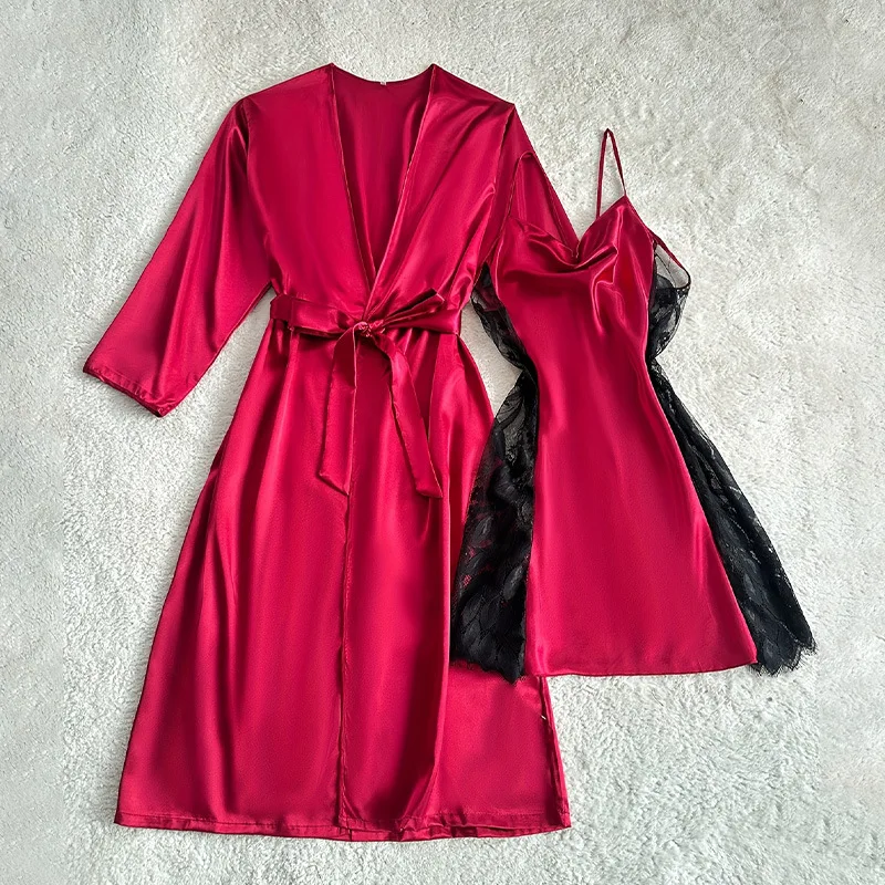 

Twinset Bathrobe Gown Set Spring Summer Female Robe Set Lace Hollow Out Nightgown Women Kimono Rayon Satin Loungewear