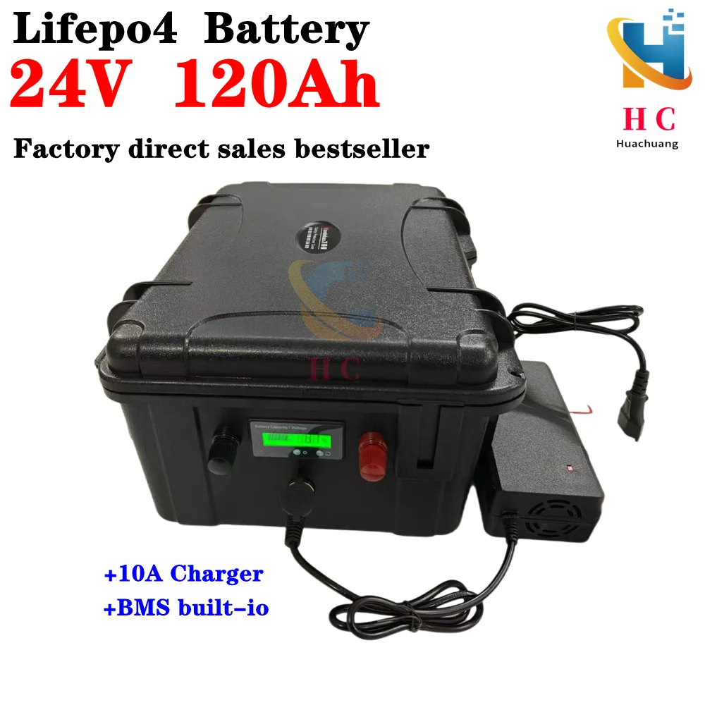 HC_24V 120Ah Lifepo4 Lithium Rion Battery Pack With BMS 150A For Fishing Boat Motor AGV Car Truck Marine Caravan +10A Charger