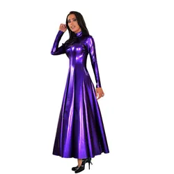 Women PU Long Sleeve Dress Faux Latex Pendulous Maxi Dress Floor Length High Neck PVC Patent Leather Slim Party Clubwear Custom