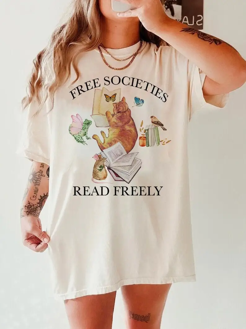 Free societies read freely shirt banned books cottagecore feminist boho retro support libraries liberal social justice