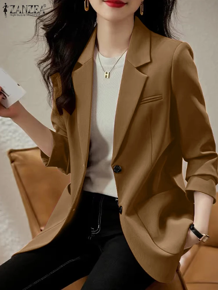 

ZANZEA 2025 Autumn Women Solid Color Blazer Fashion Casual Solid Color 3/4 Sleeve Jackets Open Up Suits Laple Collar Tops Femme