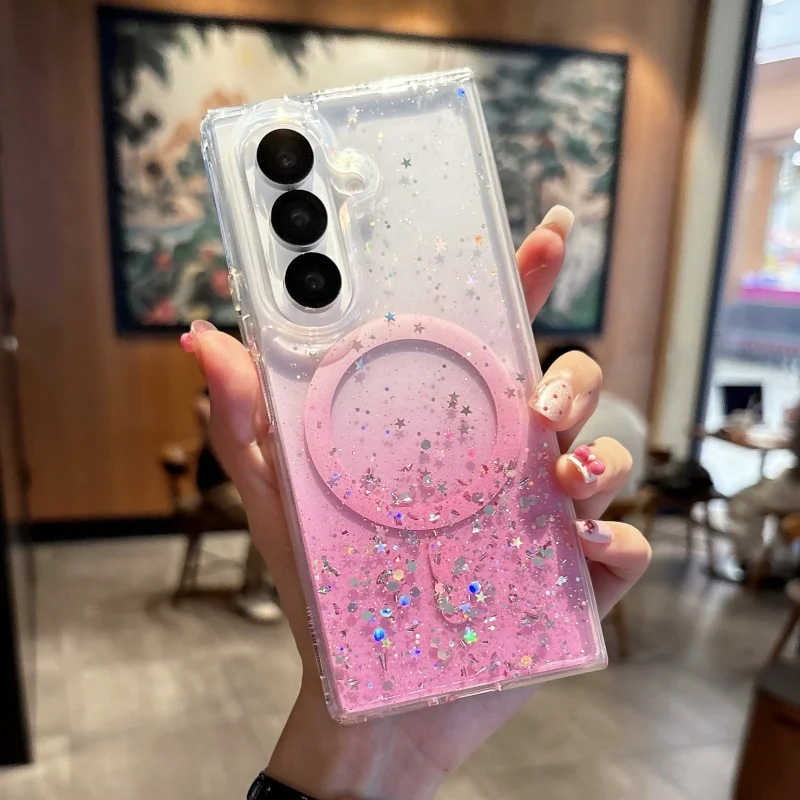 Funda de teléfono magnética transparente de lujo con gradiente de purpurina para Samsung Galaxy Z Fold 7 6 5 4 3 5G para cubierta de carga inalámbrica Magsafe