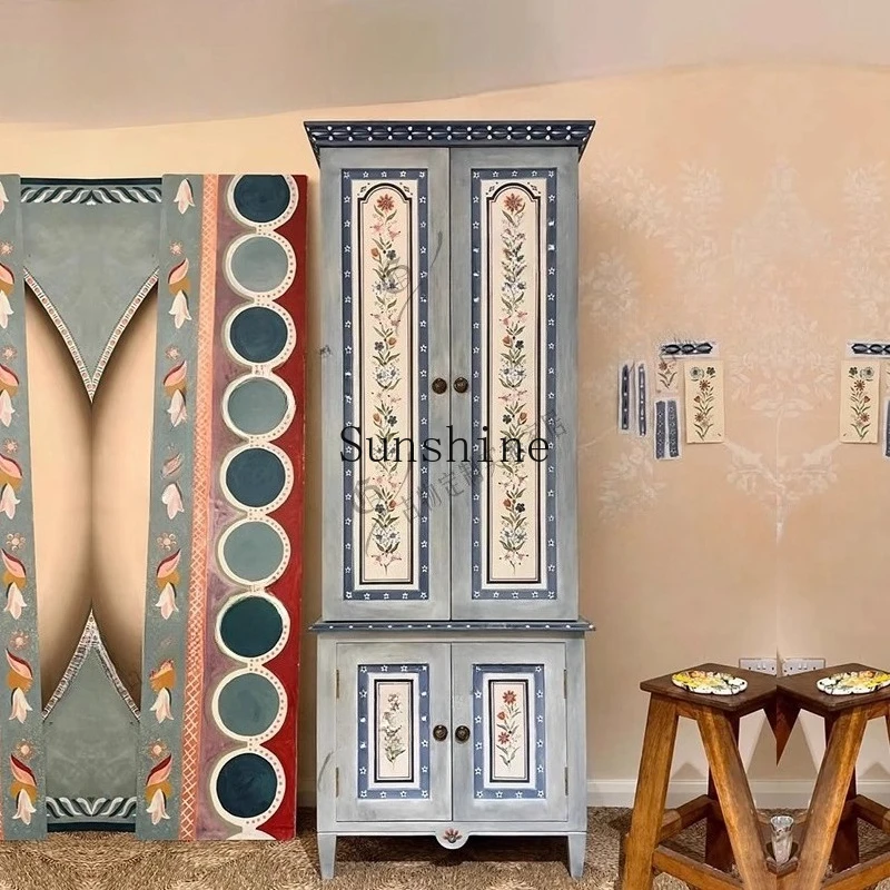 

French retro painted solid wood wardrobe/wabi sand wind bedroom storage engraved storage can be customized