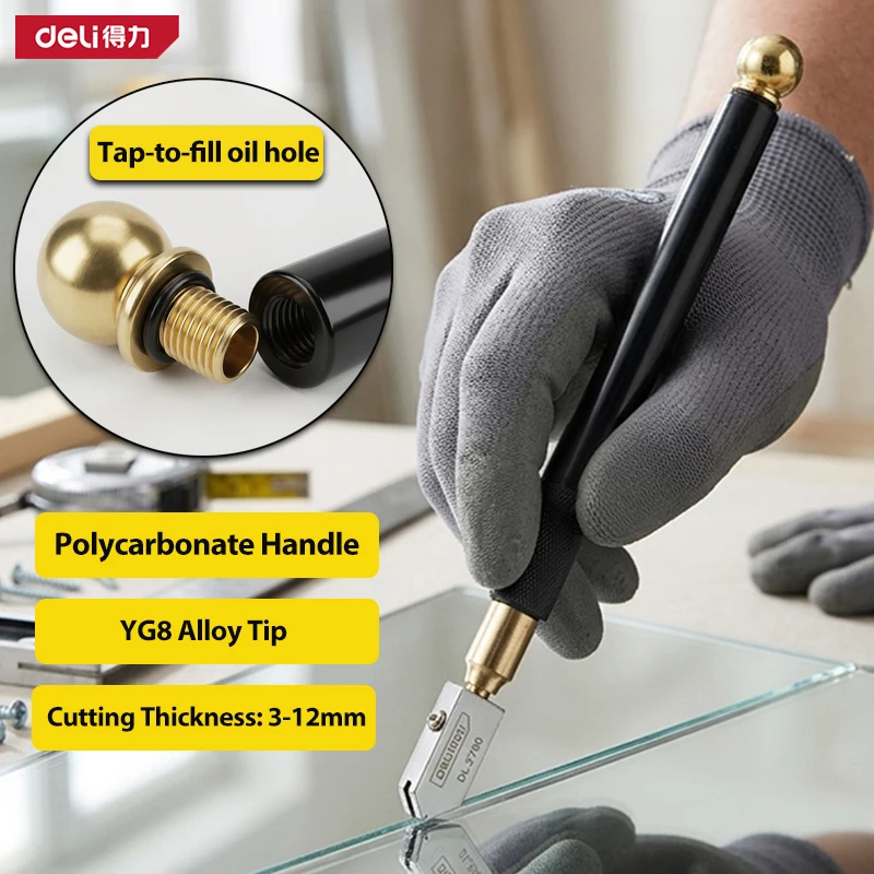 Deli Glass Cutter DL2700, K10 Diamond Wheel & PC Handle with Tail Tap Function, Cuts 3-12mm Glass & Tile, DIY Home Repair Tool
