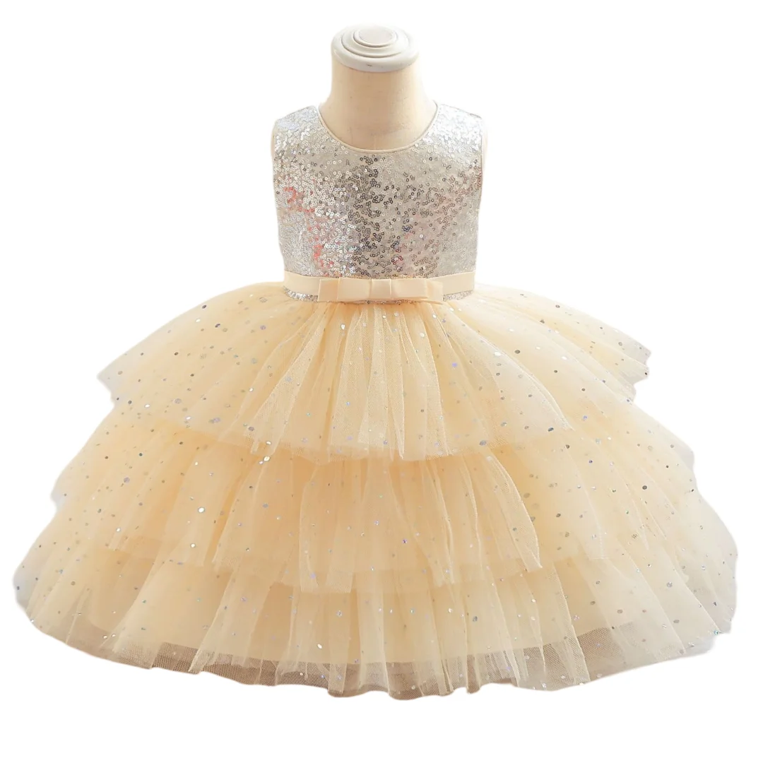 

0-4 Years Baby Yellow Bow Layers Tutu Dresses Sequins Red Little Girls Toddler Vestidos 12 24 36 Months Infant Clothes 247000