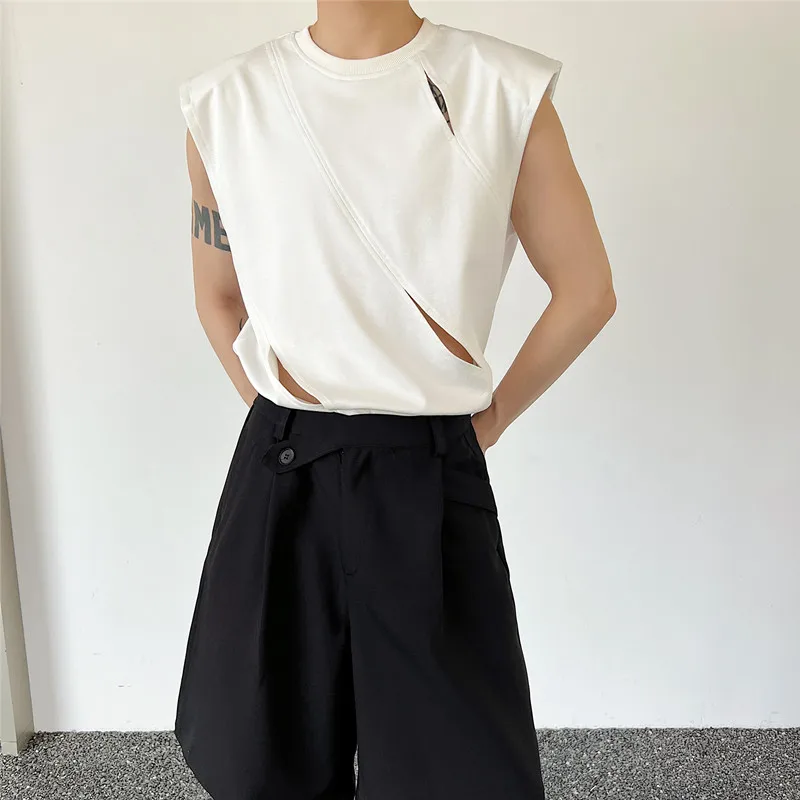 Ins Desolate Style Shoulder Pad Hole Punching Sleeveless T-Shirt Men's Cool And Handsome Vest Summer Casual Loose Fit