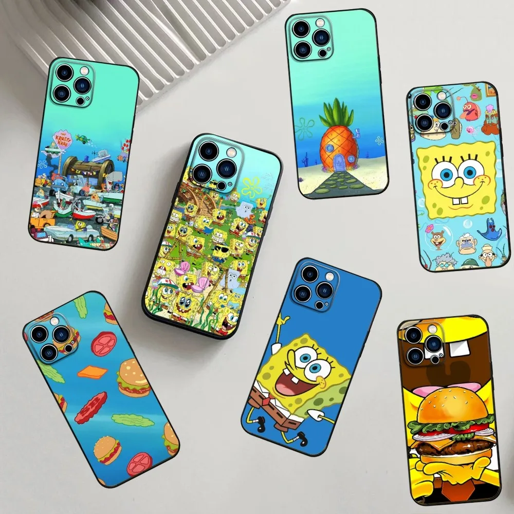 cartoon S-SpongeBob S-SquarePants Phone Case For iPhone 16,15,14,13,12,11,Pro,XS,Max,XR,Plus,Mini Silicone Black Shockproof TPU