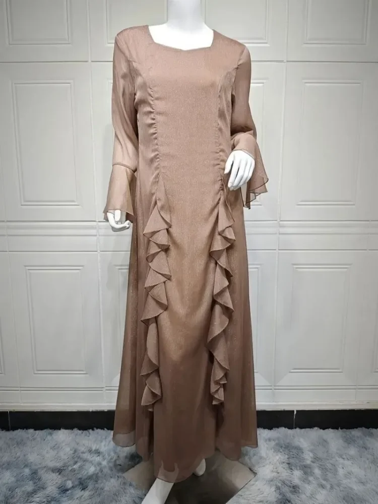 Dubai Flare Sleeve dresses For Muslim Woman V-Neck Solid Elegant Kaftan Moroccan Saudi Fashion Slim Fit Abaya Clothing