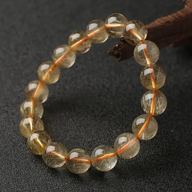 Fine Natural Rutile Quartz Titanium Gold Crystal Round Bead Hand String For Men Women Wedding Birthday Gift High-grade Jewelry