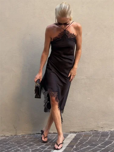 Imagen 2 del producto Tossy moda verano encaje Mini vestido para mujer Patchwork espalda descubierta ajustado espagueti sólido vestido de fiesta mujer cuello pico vestido negro nuevo